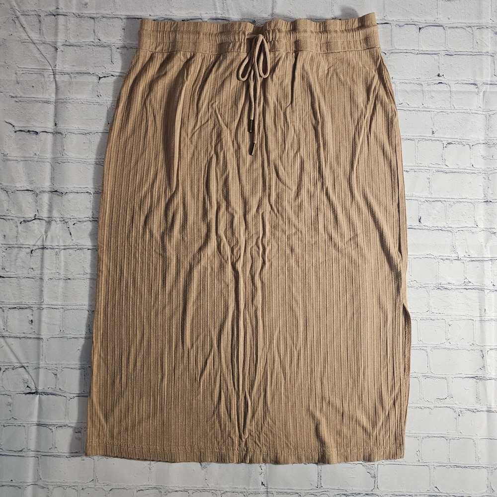 Cupcakes and Cashmere Tan Ribbed Knit Drawstring Midi Skirt Large
